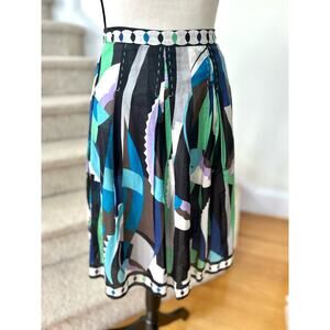 Elie Tahari Blue Green Black Mod Italian Printed A-Line Skirt